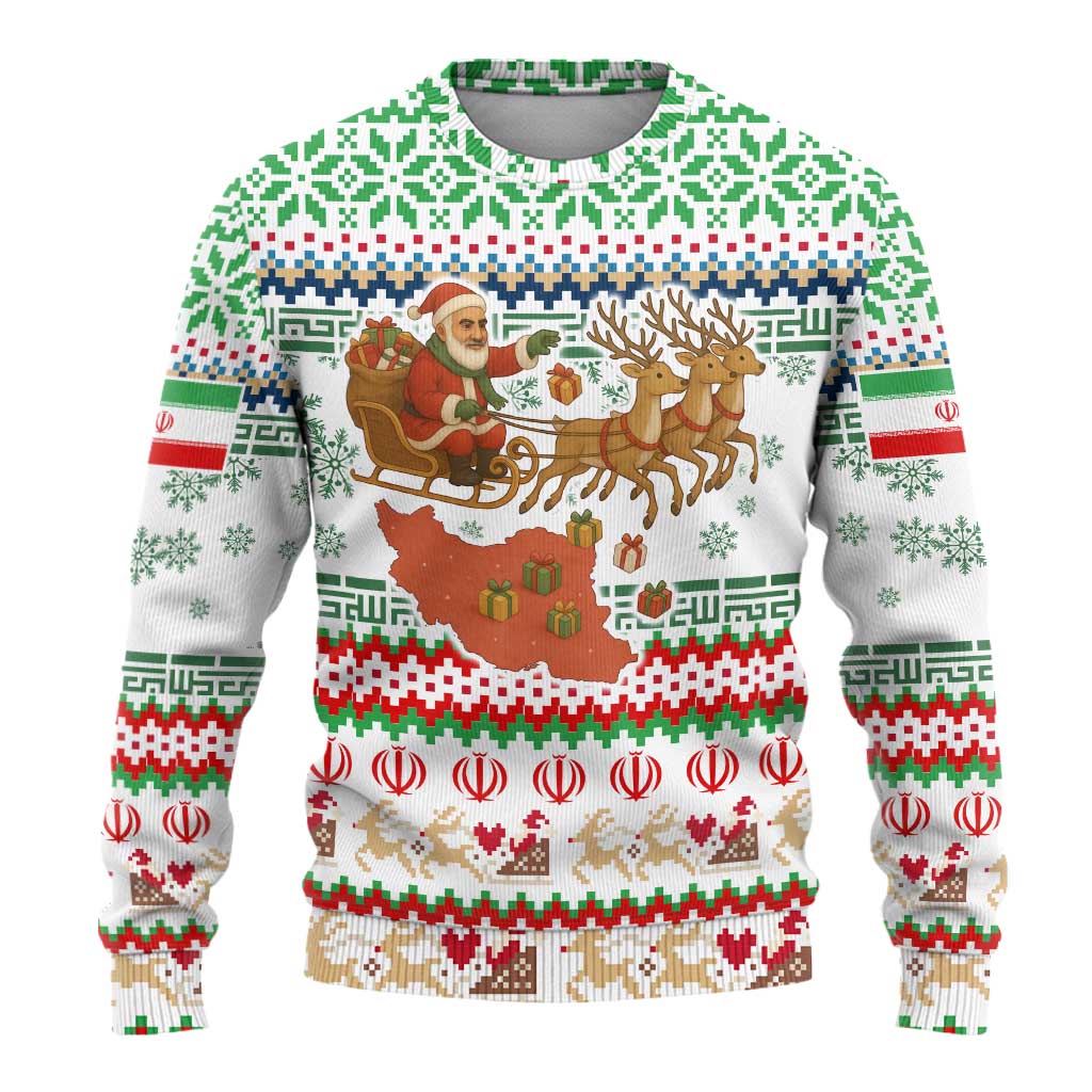 Iran Christmas Ugly Christmas Sweater with Santa Sleigh Reindeer Map and Green Red Snowflake Pattern - Wonder Print Shop