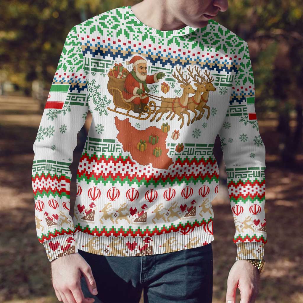 Iran Christmas Ugly Christmas Sweater with Santa Sleigh Reindeer Map and Green Red Snowflake Pattern - Wonder Print Shop