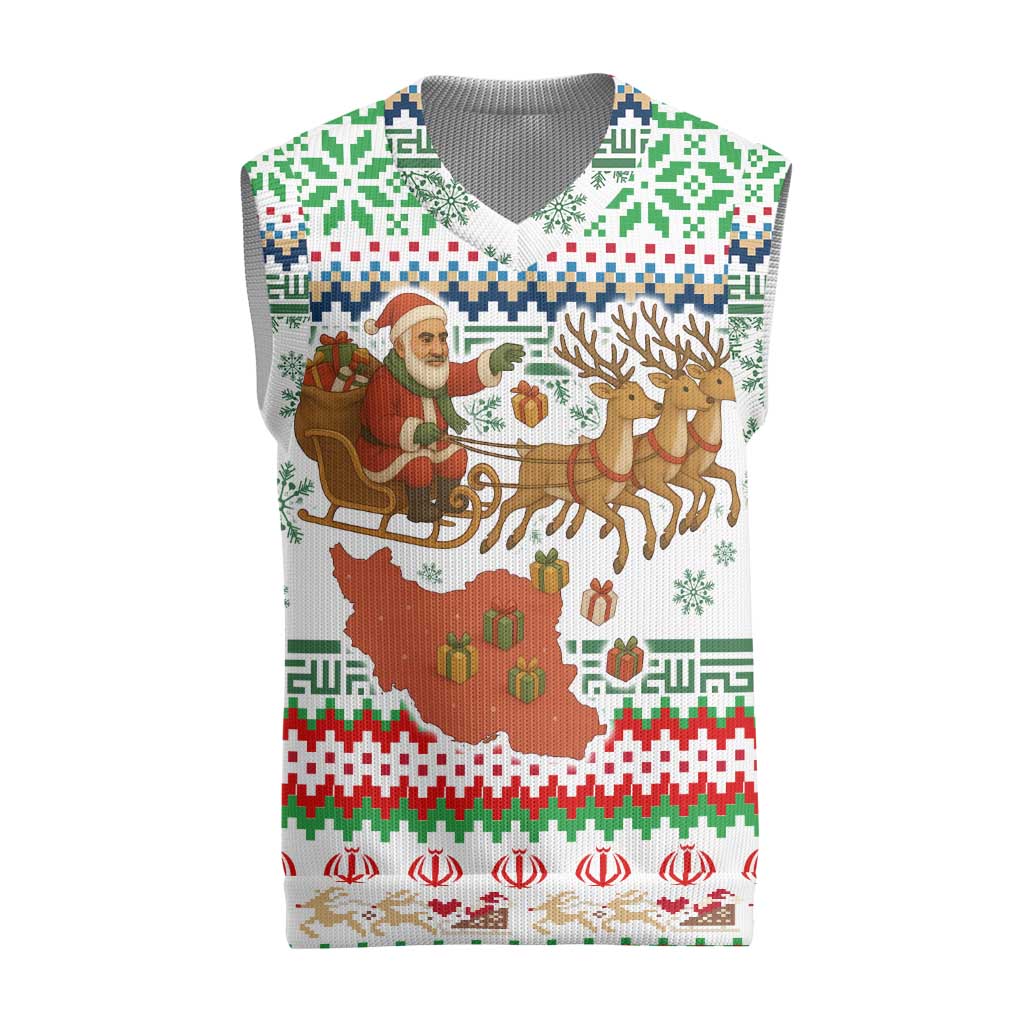 Iran Christmas Knitted V-Neck Vest with Santa Sleigh Reindeer Map and Green Red Snowflake Pattern - Wonder Print Shop