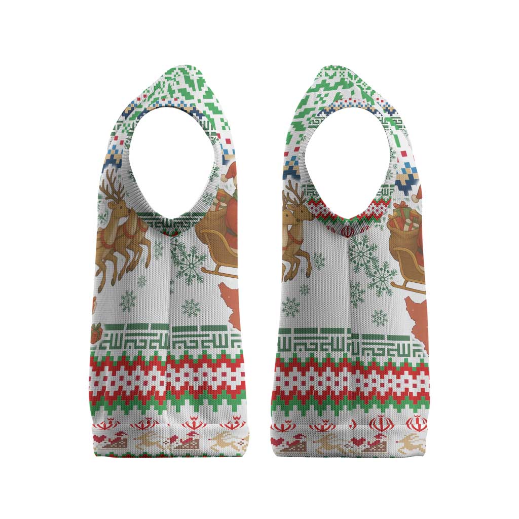 Iran Christmas Knitted V-Neck Vest with Santa Sleigh Reindeer Map and Green Red Snowflake Pattern - Wonder Print Shop