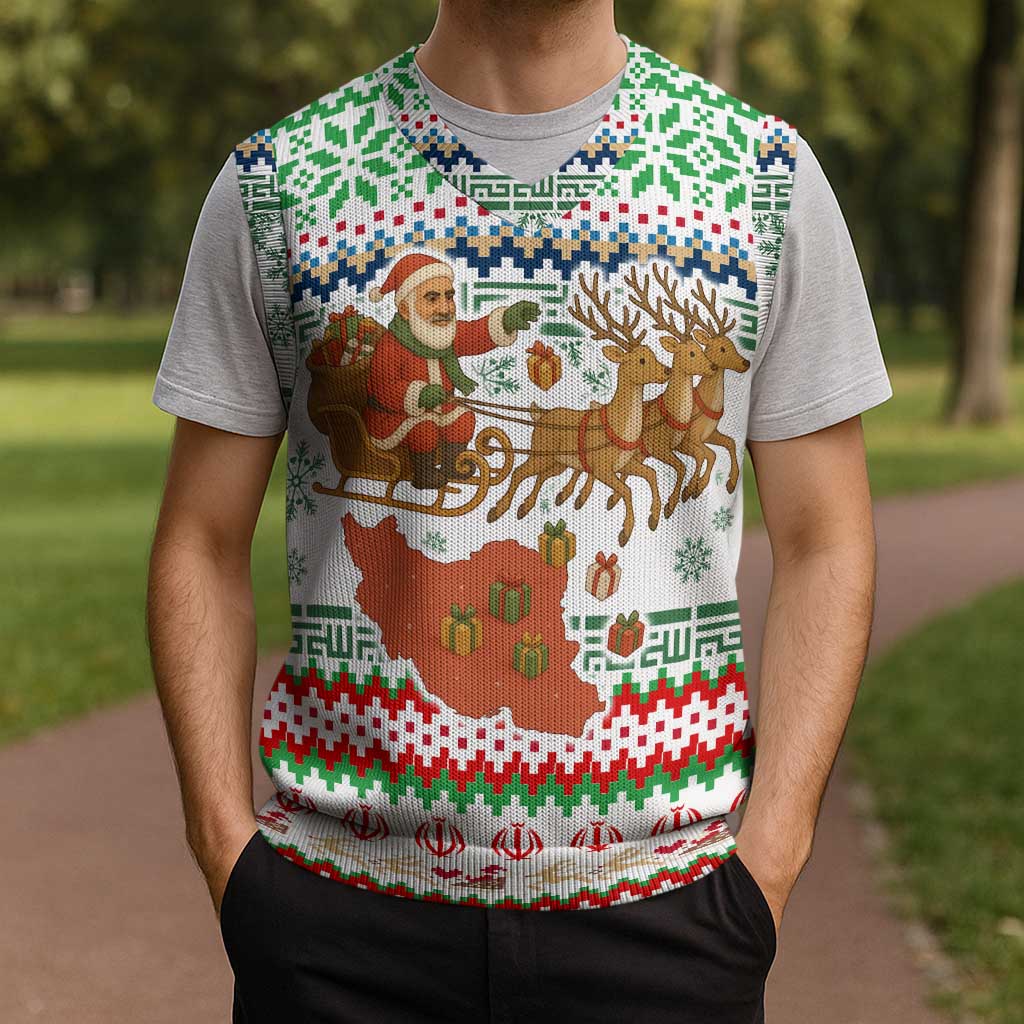 Iran Christmas Knitted V-Neck Vest with Santa Sleigh Reindeer Map and Green Red Snowflake Pattern - Wonder Print Shop