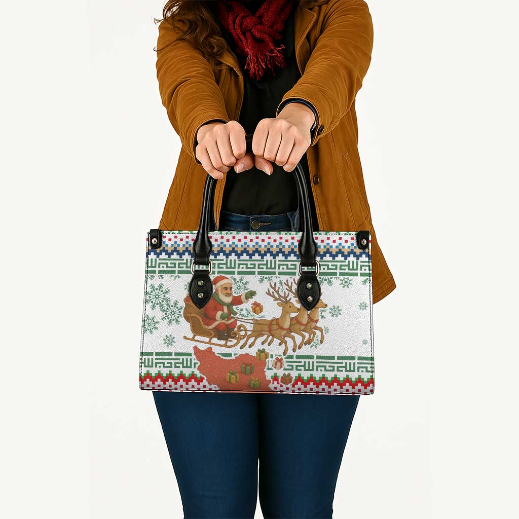 Iran Christmas Leather Bag with Santa Sleigh Reindeer Map and Green Red Snowflake Pattern - Wonder Print Shop