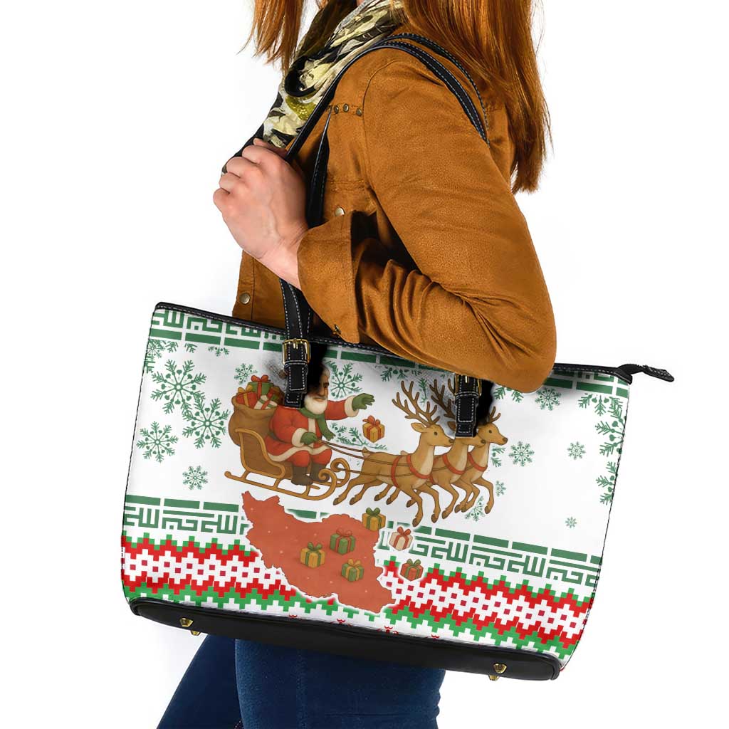 Iran Christmas Leather Tote Bag with Santa Sleigh Reindeer Map and Green Red Snowflake Pattern - Wonder Print Shop