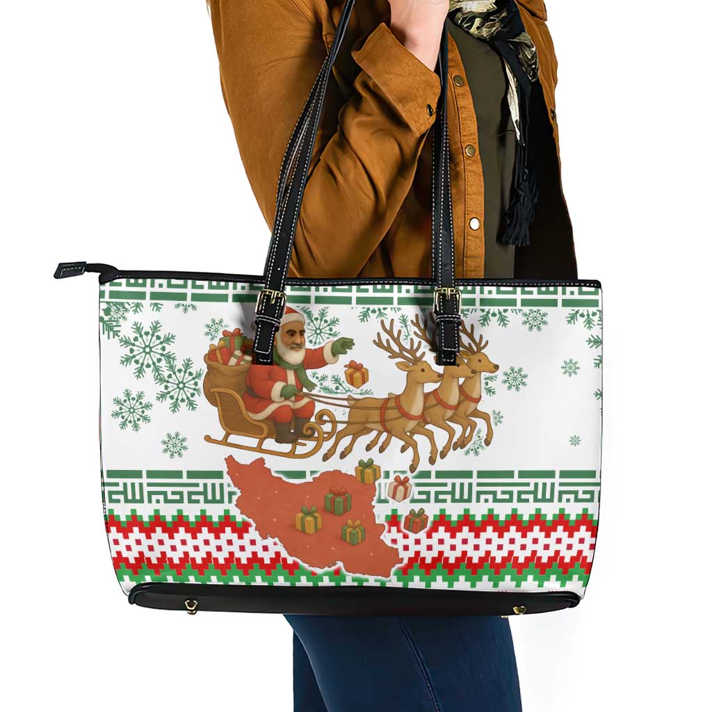 Iran Christmas Leather Tote Bag with Santa Sleigh Reindeer Map and Green Red Snowflake Pattern - Wonder Print Shop