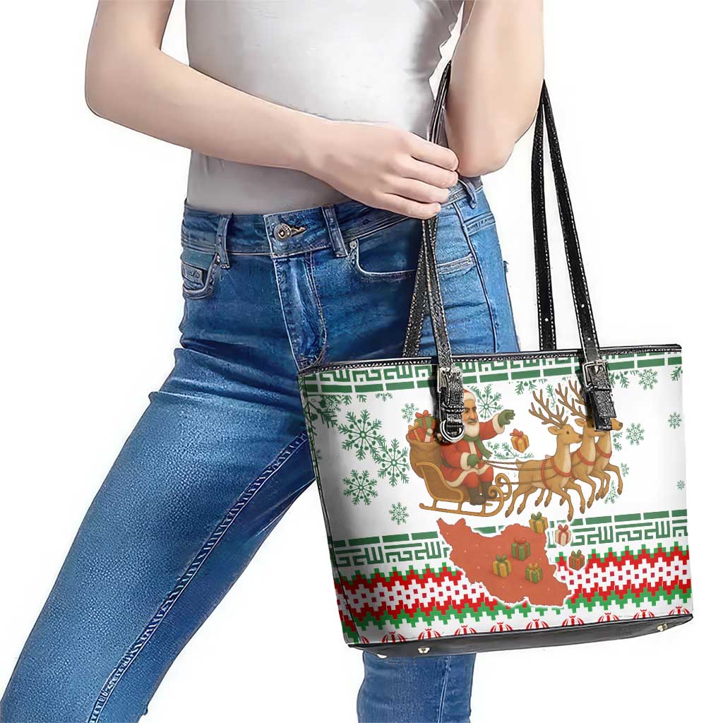 Iran Christmas Leather Tote Bag with Santa Sleigh Reindeer Map and Green Red Snowflake Pattern - Wonder Print Shop