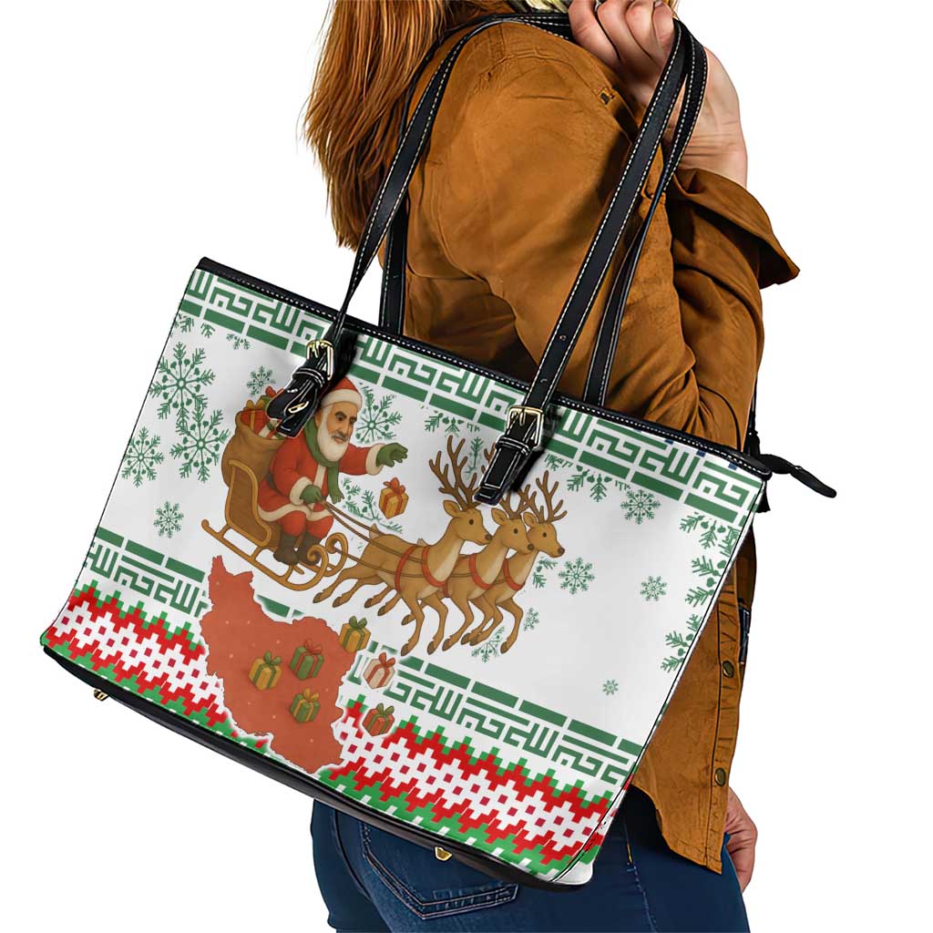 Iran Christmas Leather Tote Bag with Santa Sleigh Reindeer Map and Green Red Snowflake Pattern - Wonder Print Shop