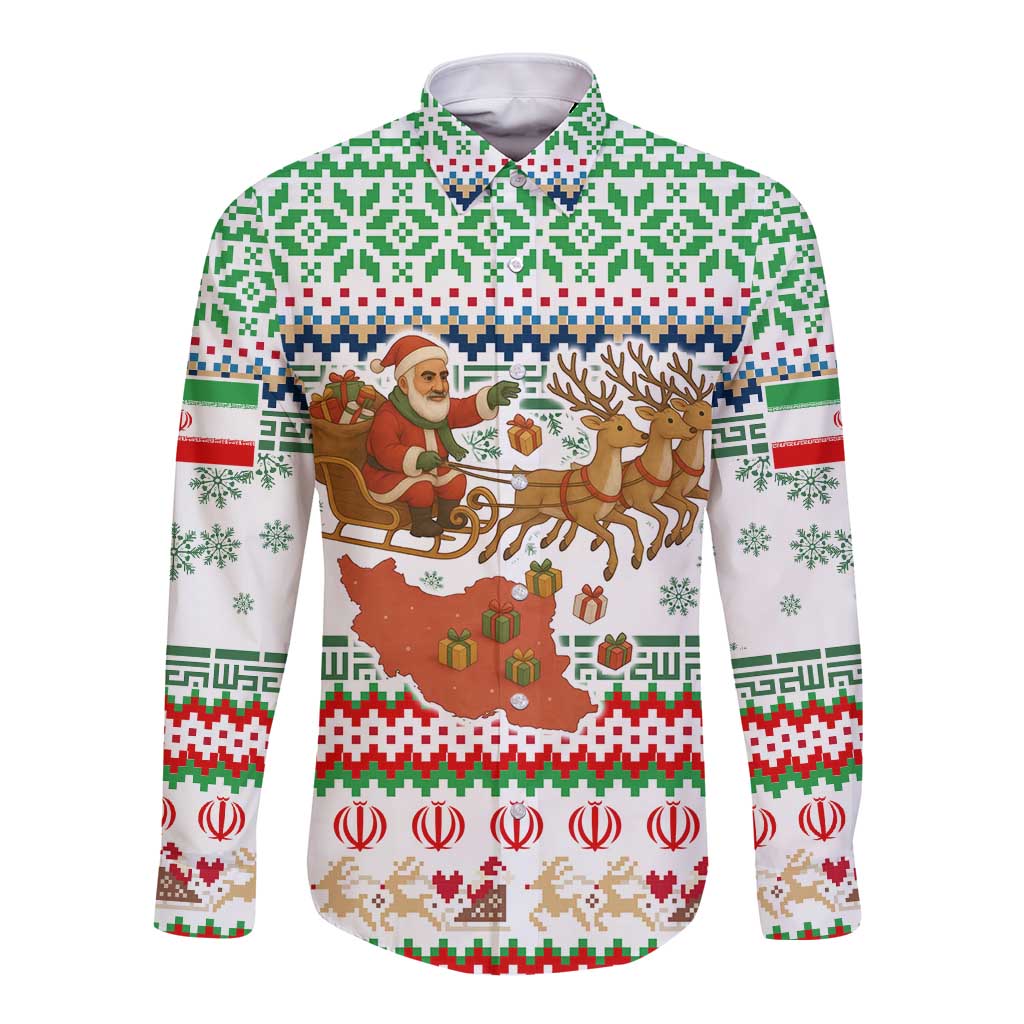 Iran Christmas Long Sleeve Button Shirt with Santa Sleigh Reindeer Map and Green Red Snowflake Pattern - Wonder Print Shop
