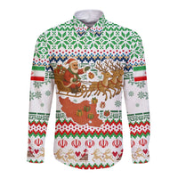 Iran Christmas Long Sleeve Button Shirt with Santa Sleigh Reindeer Map and Green Red Snowflake Pattern - Wonder Print Shop