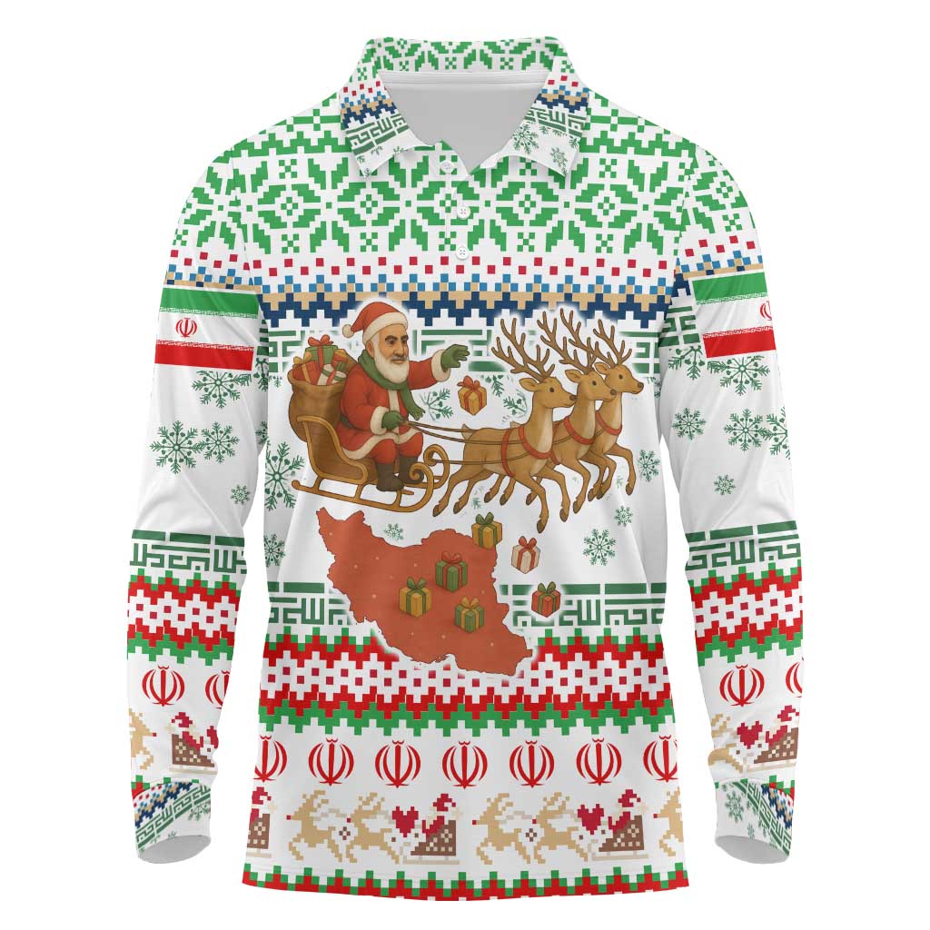 Iran Christmas Long Sleeve Polo Shirt with Santa Sleigh Reindeer Map and Green Red Snowflake Pattern - Wonder Print Shop