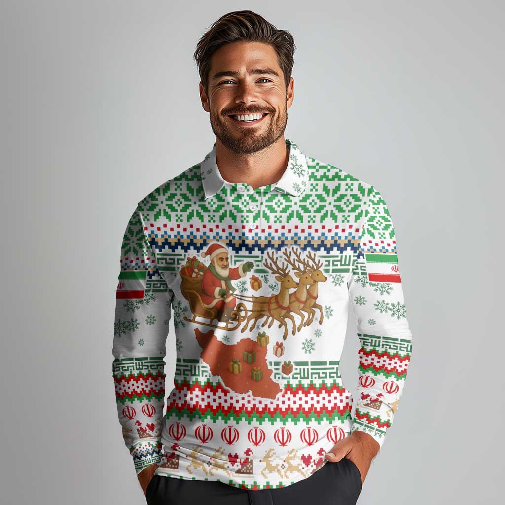 Iran Christmas Long Sleeve Polo Shirt with Santa Sleigh Reindeer Map and Green Red Snowflake Pattern - Wonder Print Shop