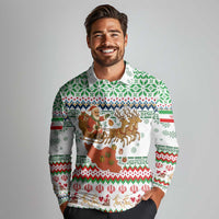 Iran Christmas Long Sleeve Polo Shirt with Santa Sleigh Reindeer Map and Green Red Snowflake Pattern - Wonder Print Shop