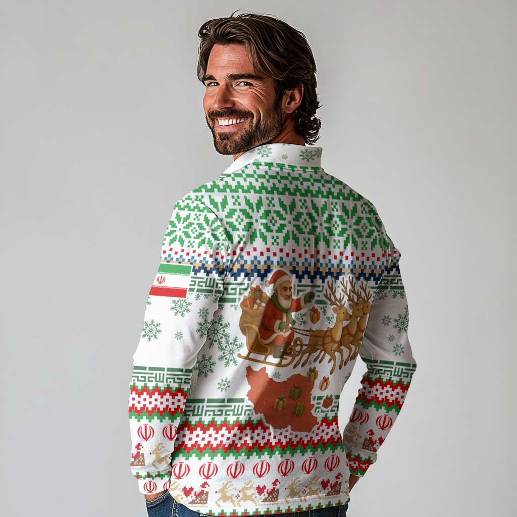 Iran Christmas Long Sleeve Polo Shirt with Santa Sleigh Reindeer Map and Green Red Snowflake Pattern - Wonder Print Shop
