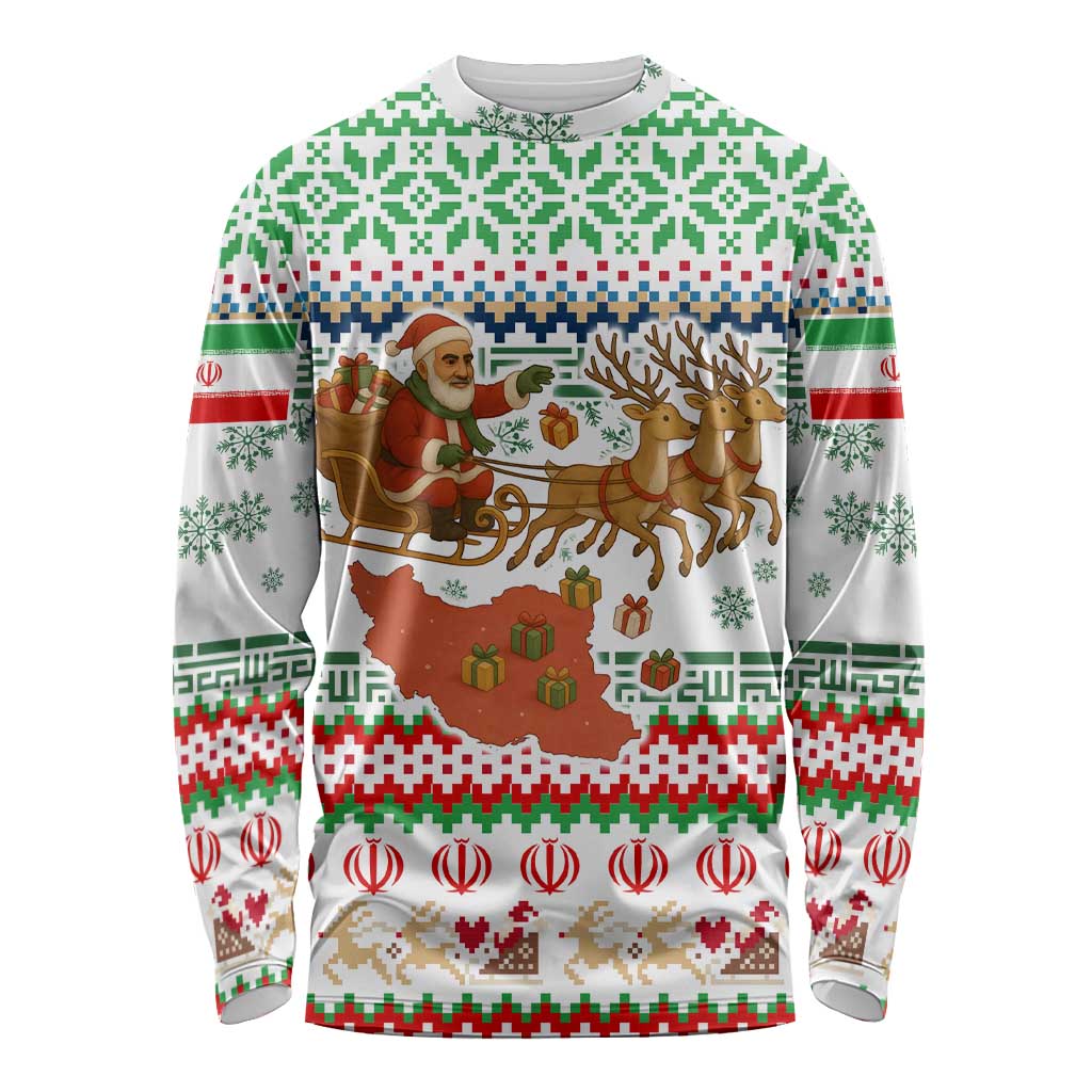 Iran Christmas Long Sleeve Shirt with Santa Sleigh Reindeer Map and Green Red Snowflake Pattern - Wonder Print Shop