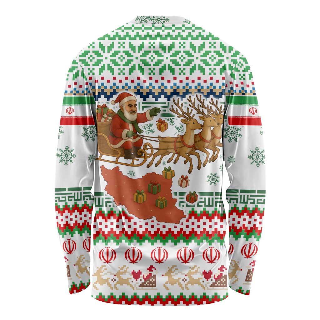 Iran Christmas Long Sleeve Shirt with Santa Sleigh Reindeer Map and Green Red Snowflake Pattern - Wonder Print Shop