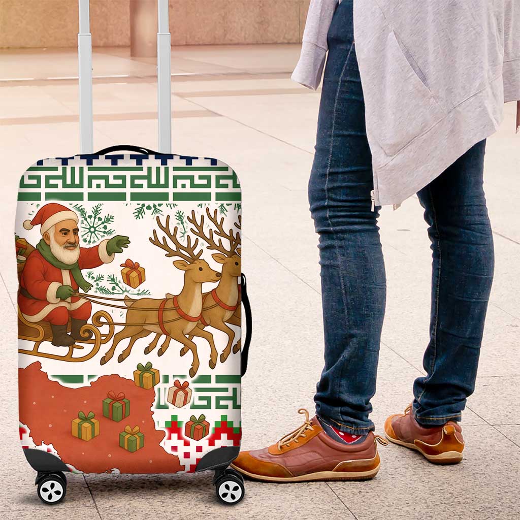 Iran Christmas Luggage Cover with Santa Sleigh Reindeer Map and Green Red Snowflake Pattern - Wonder Print Shop