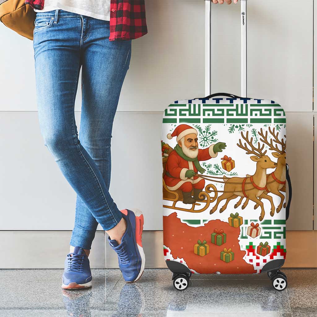 Iran Christmas Luggage Cover with Santa Sleigh Reindeer Map and Green Red Snowflake Pattern - Wonder Print Shop