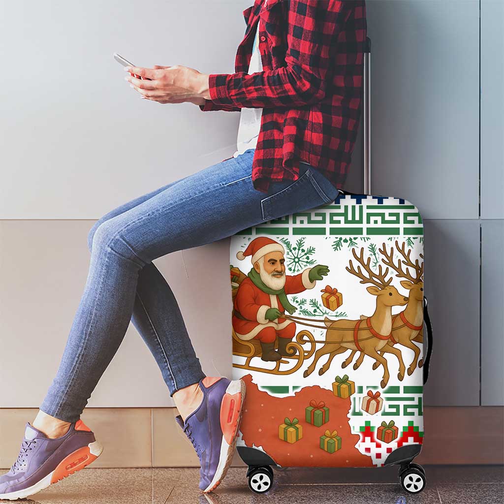Iran Christmas Luggage Cover with Santa Sleigh Reindeer Map and Green Red Snowflake Pattern - Wonder Print Shop