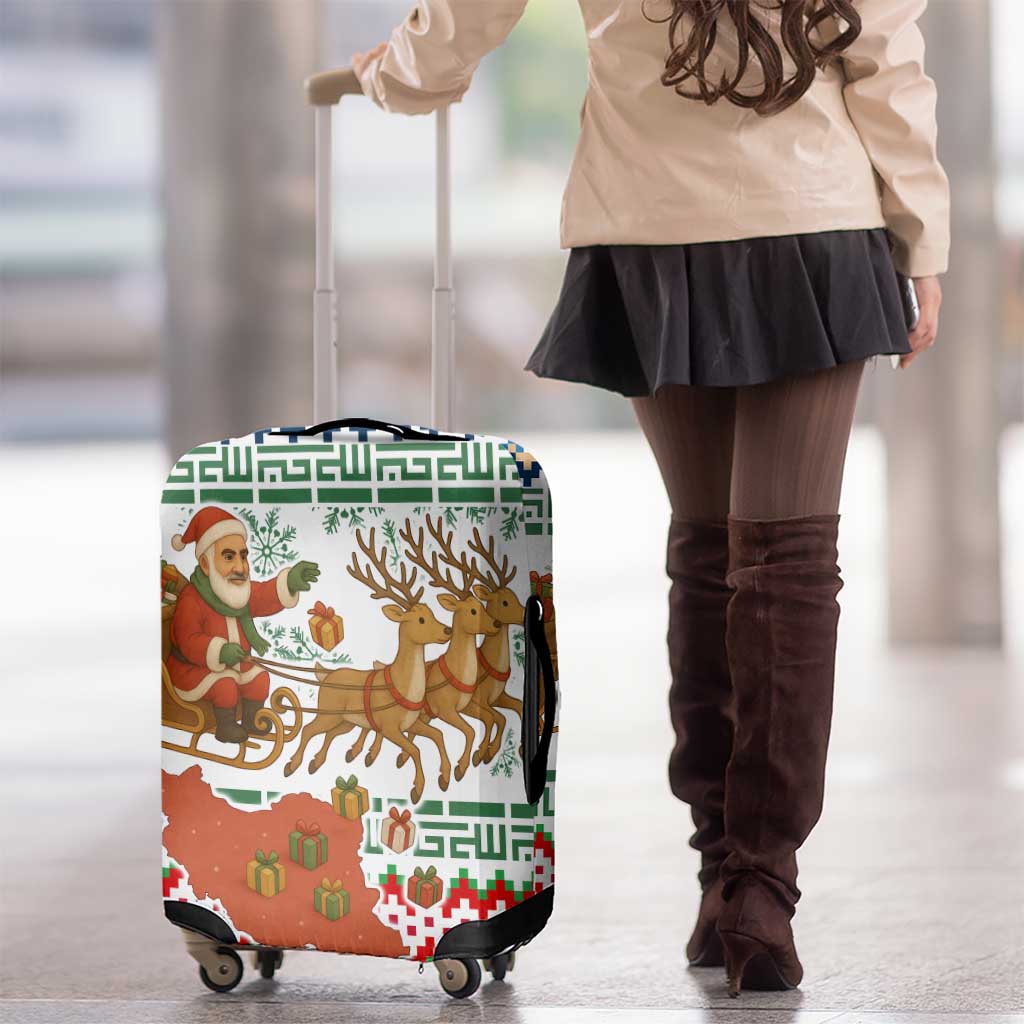 Iran Christmas Luggage Cover with Santa Sleigh Reindeer Map and Green Red Snowflake Pattern - Wonder Print Shop