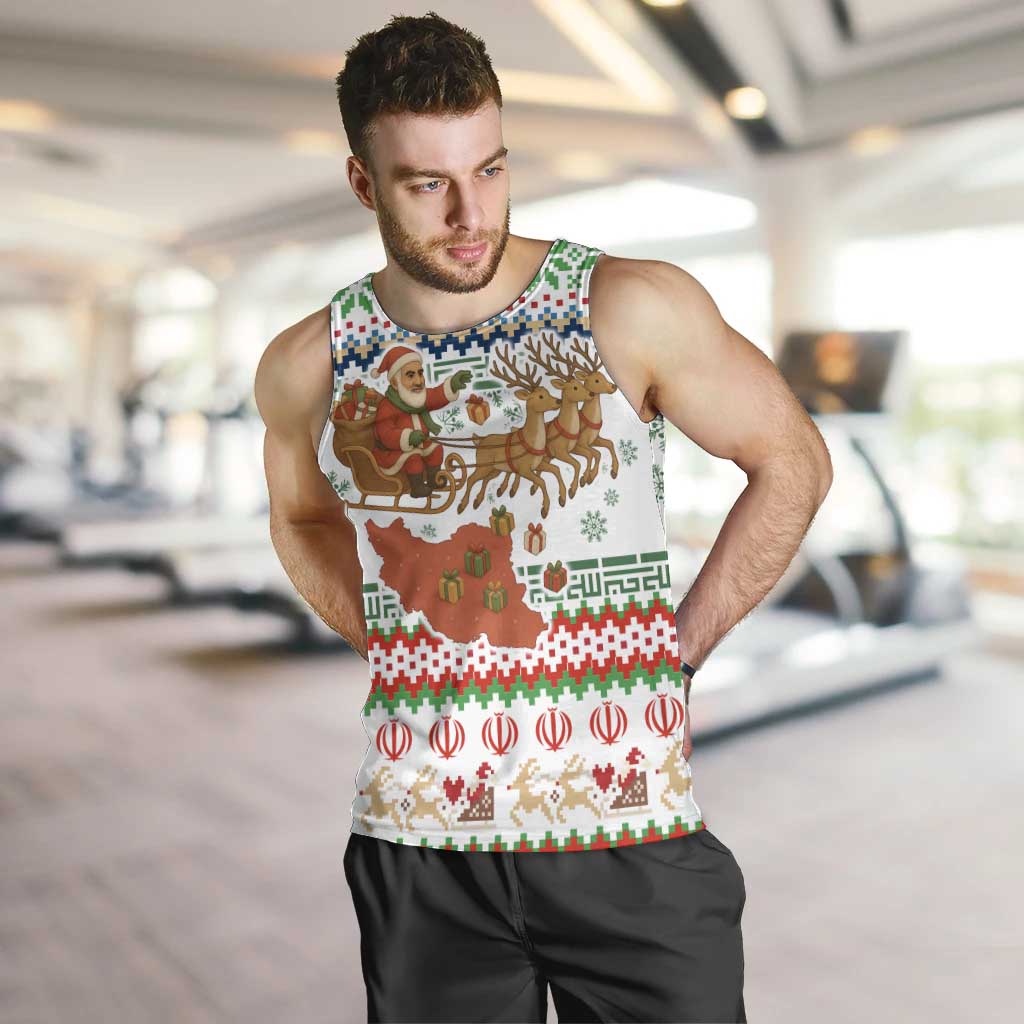 Iran Christmas Men Tank Top with Santa Sleigh Reindeer Map and Green Red Snowflake Pattern - Wonder Print Shop