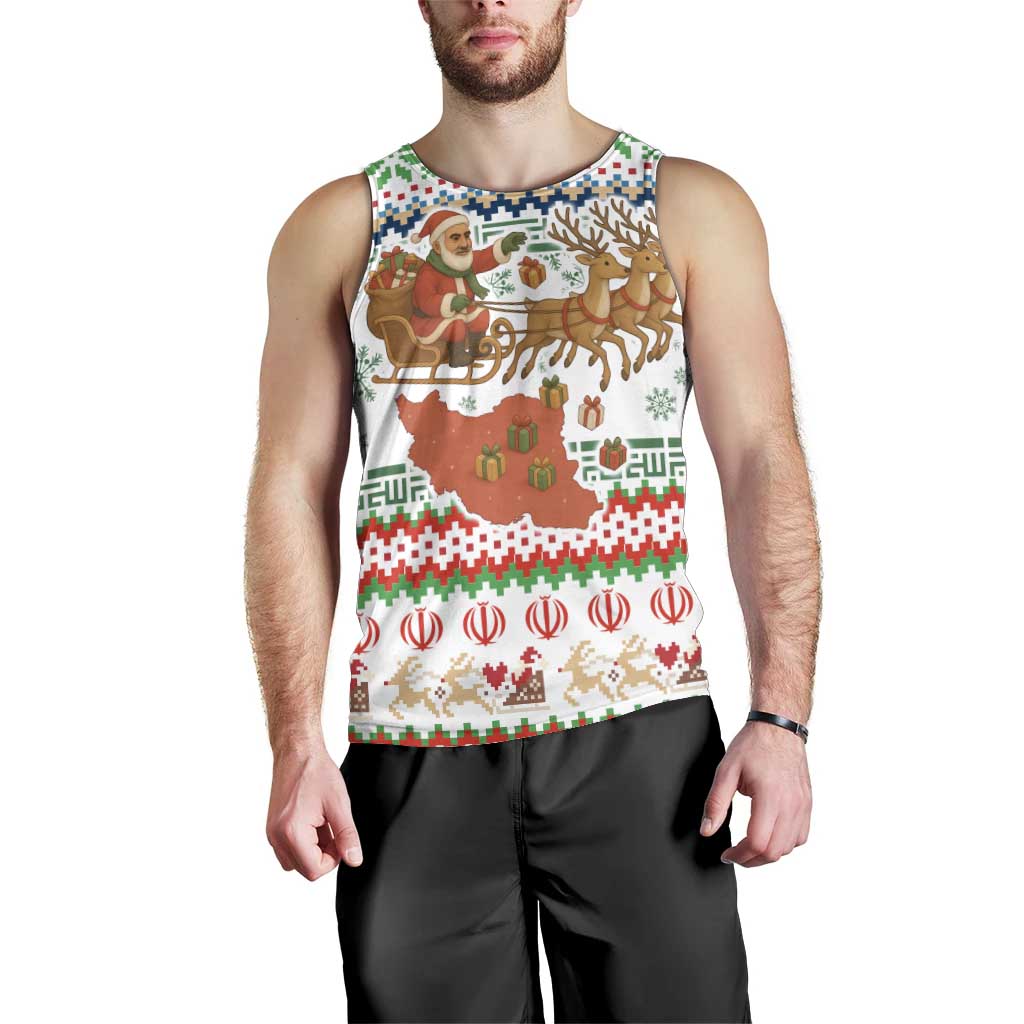 Iran Christmas Men Tank Top with Santa Sleigh Reindeer Map and Green Red Snowflake Pattern - Wonder Print Shop