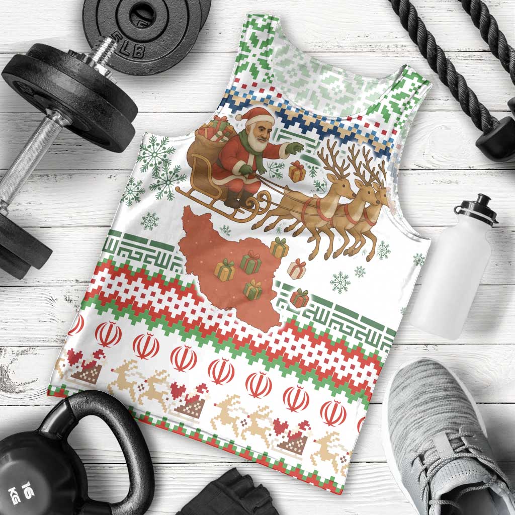 Iran Christmas Men Tank Top with Santa Sleigh Reindeer Map and Green Red Snowflake Pattern - Wonder Print Shop