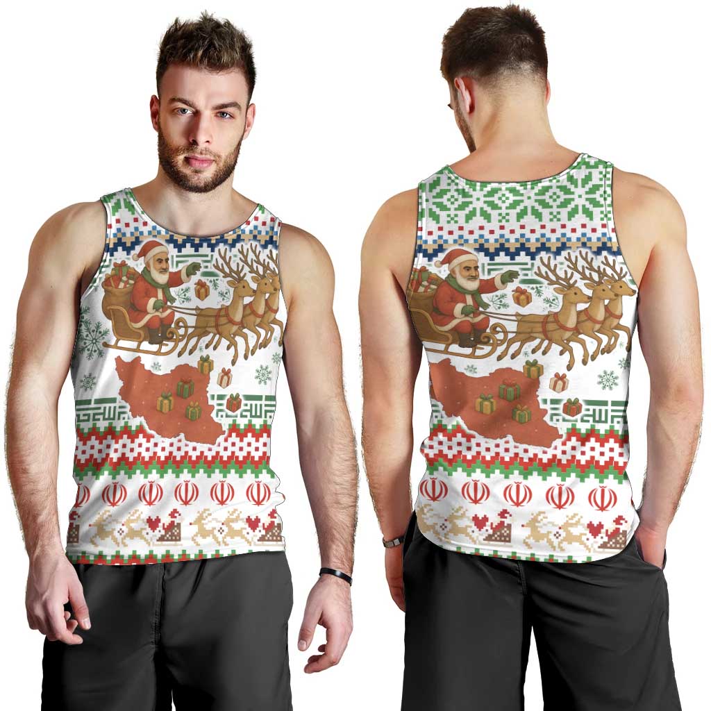 Iran Christmas Men Tank Top with Santa Sleigh Reindeer Map and Green Red Snowflake Pattern - Wonder Print Shop