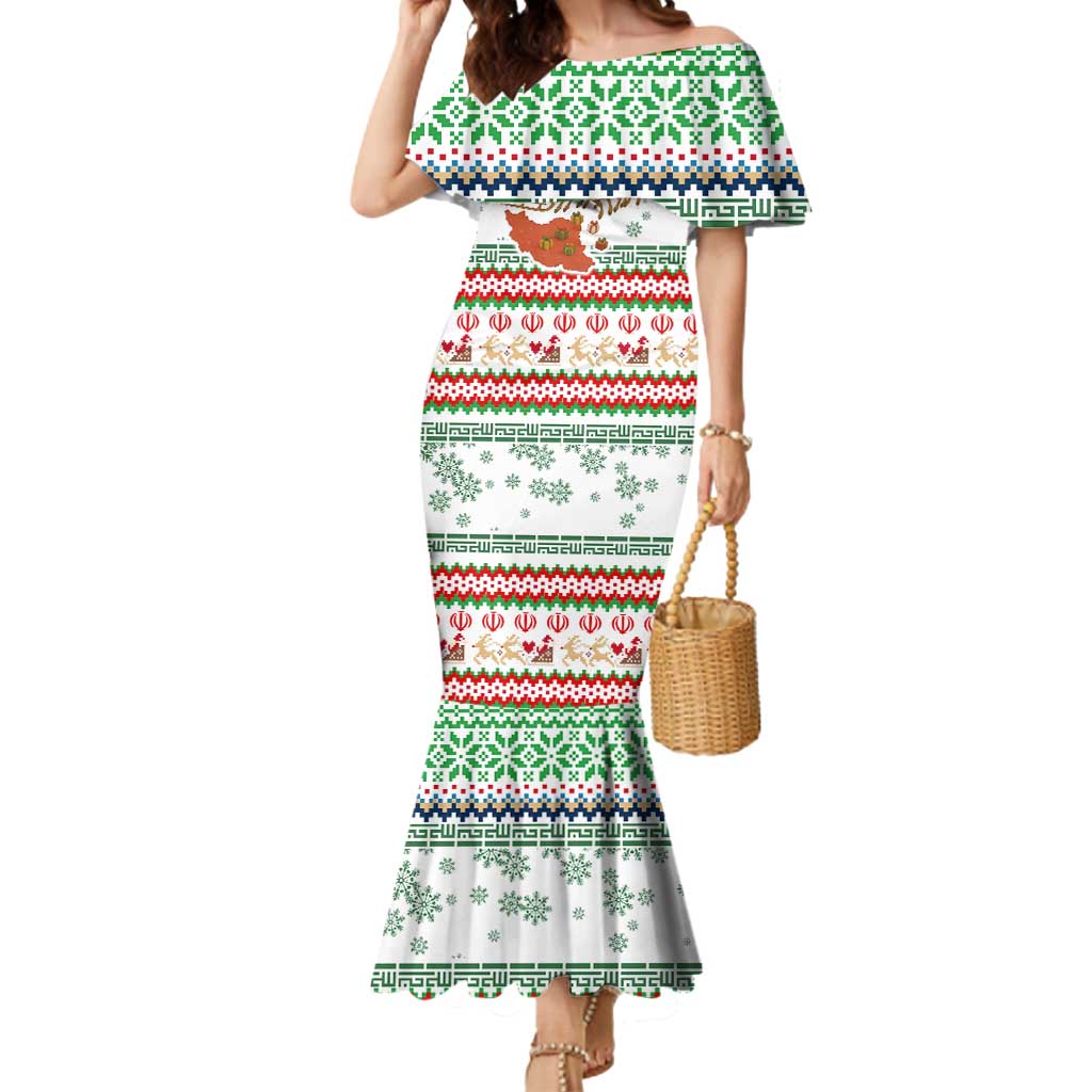 Iran Christmas Mermaid Dress with Santa Sleigh Reindeer Map and Green Red Snowflake Pattern - Wonder Print Shop