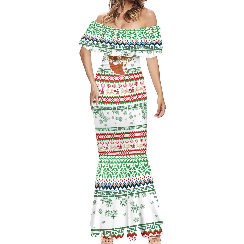 Iran Christmas Mermaid Dress with Santa Sleigh Reindeer Map and Green Red Snowflake Pattern - Wonder Print Shop