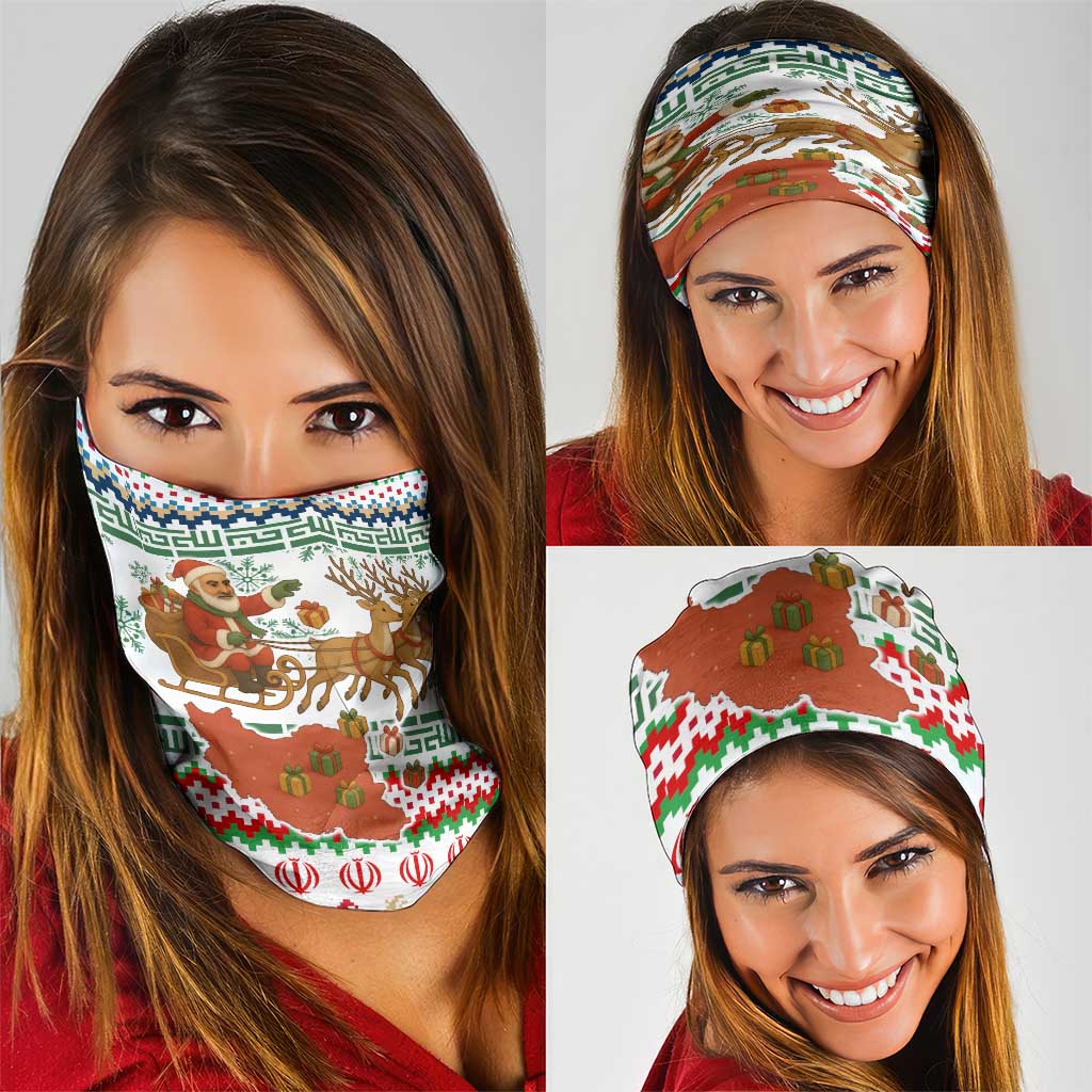 Iran Christmas Neck Gaiter with Santa Sleigh Reindeer Map and Green Red Snowflake Pattern - Wonder Print Shop