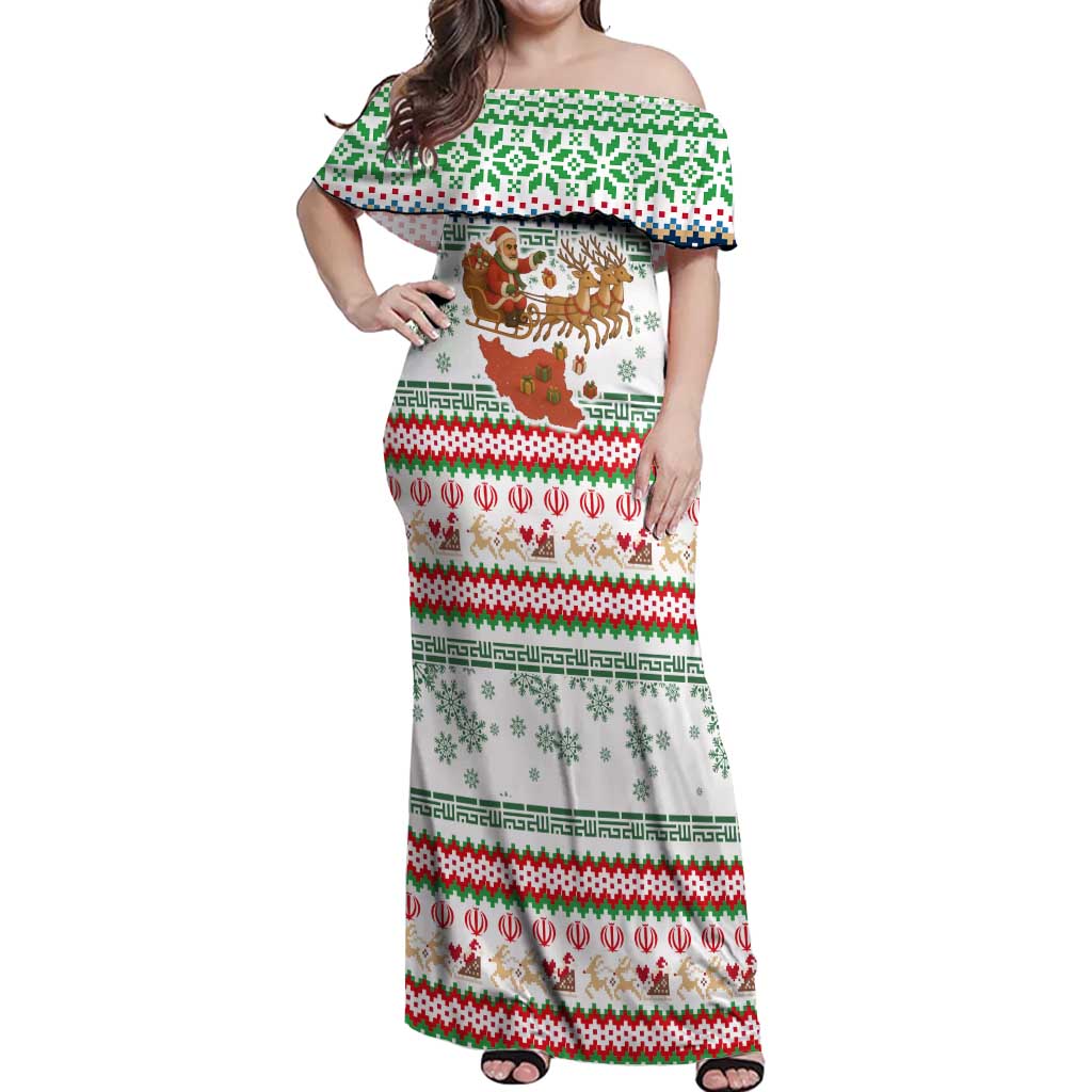 Iran Christmas Off Shoulder Maxi Dress with Santa Sleigh Reindeer Map and Green Red Snowflake Pattern - Wonder Print Shop