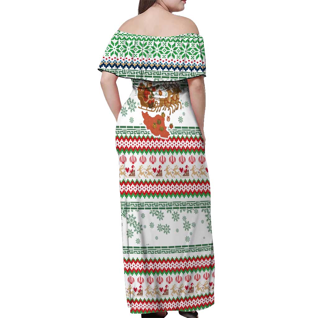 Iran Christmas Off Shoulder Maxi Dress with Santa Sleigh Reindeer Map and Green Red Snowflake Pattern - Wonder Print Shop