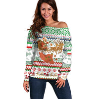 Iran Christmas Off Shoulder Sweater with Santa Sleigh Reindeer Map and Green Red Snowflake Pattern - Wonder Print Shop