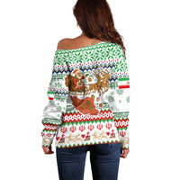 Iran Christmas Off Shoulder Sweater with Santa Sleigh Reindeer Map and Green Red Snowflake Pattern - Wonder Print Shop