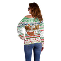 Iran Christmas Off Shoulder Sweater with Santa Sleigh Reindeer Map and Green Red Snowflake Pattern - Wonder Print Shop