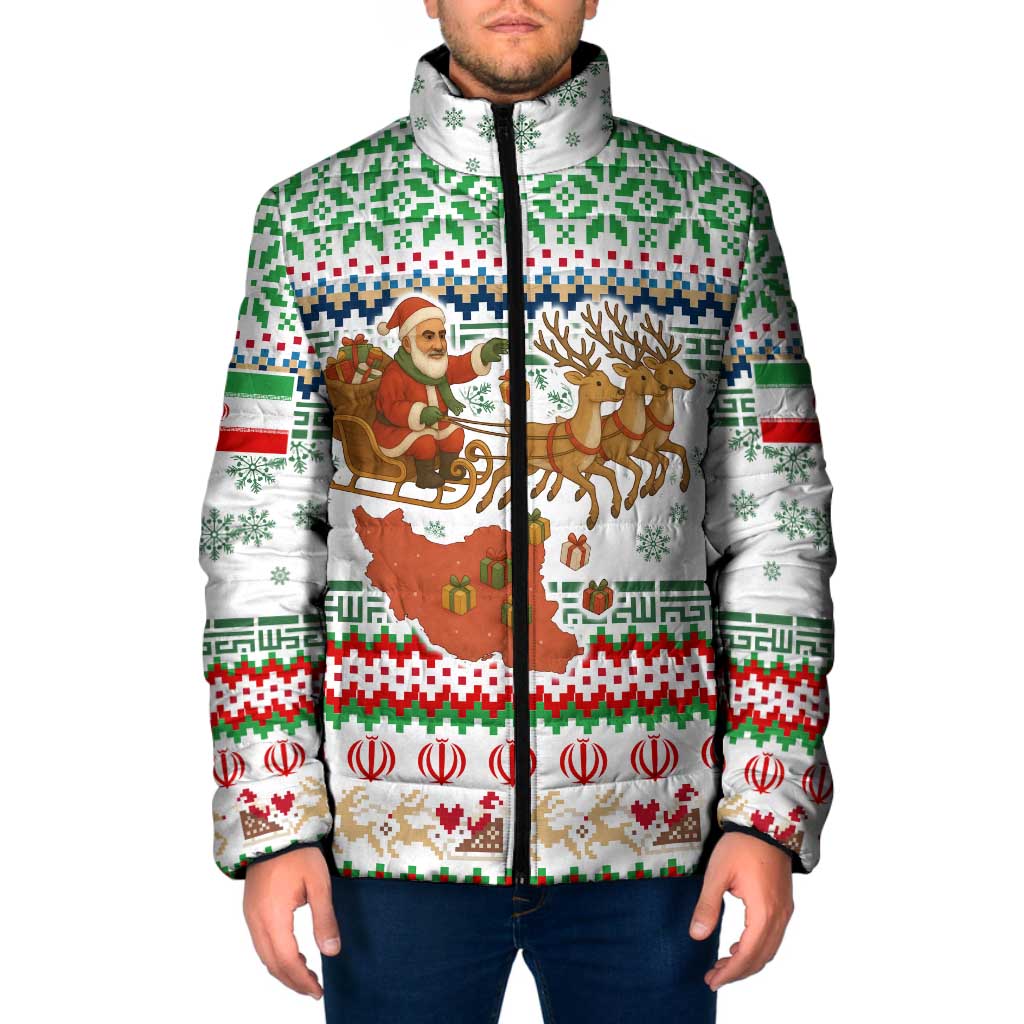 Iran Christmas Padded Jacket with Santa Sleigh Reindeer Map and Green Red Snowflake Pattern - Wonder Print Shop