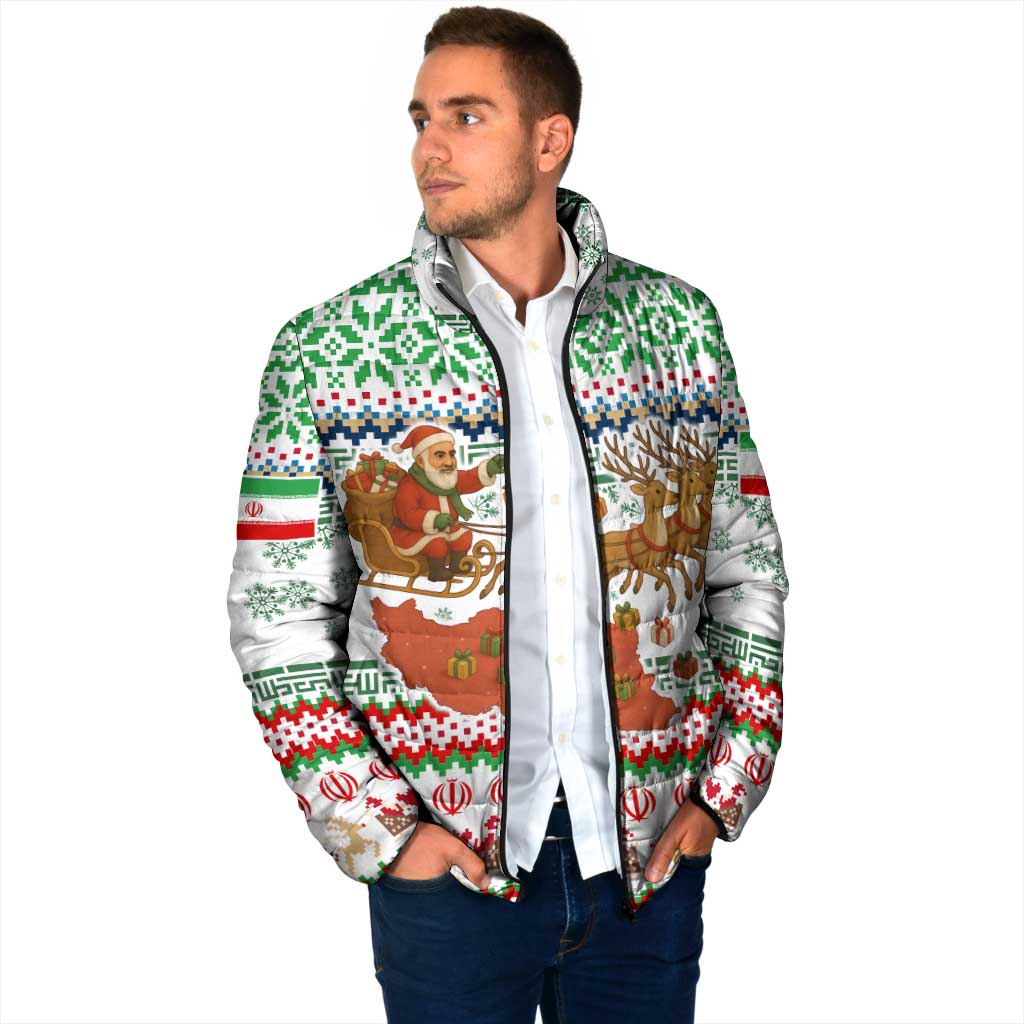 Iran Christmas Padded Jacket with Santa Sleigh Reindeer Map and Green Red Snowflake Pattern - Wonder Print Shop