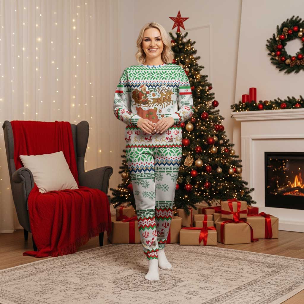 Iran Christmas Pajama Set with Santa Sleigh Reindeer Map and Green Red Snowflake Pattern - Wonder Print Shop