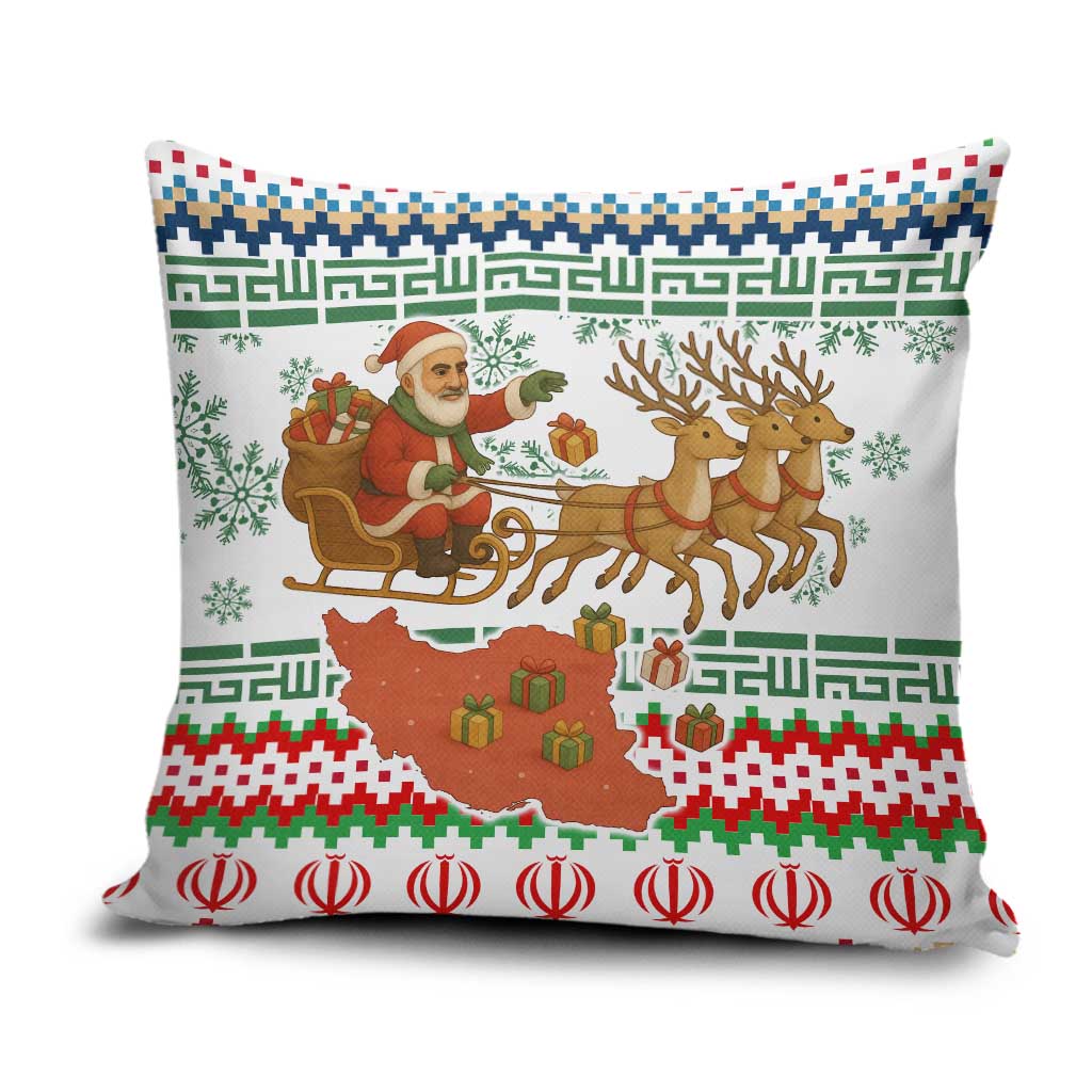 Iran Christmas Pillow Cover with Santa Sleigh Reindeer Map and Green Red Snowflake Pattern - Wonder Print Shop
