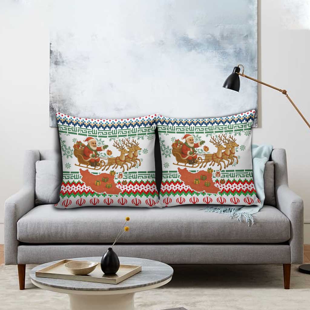 Iran Christmas Pillow Cover with Santa Sleigh Reindeer Map and Green Red Snowflake Pattern - Wonder Print Shop