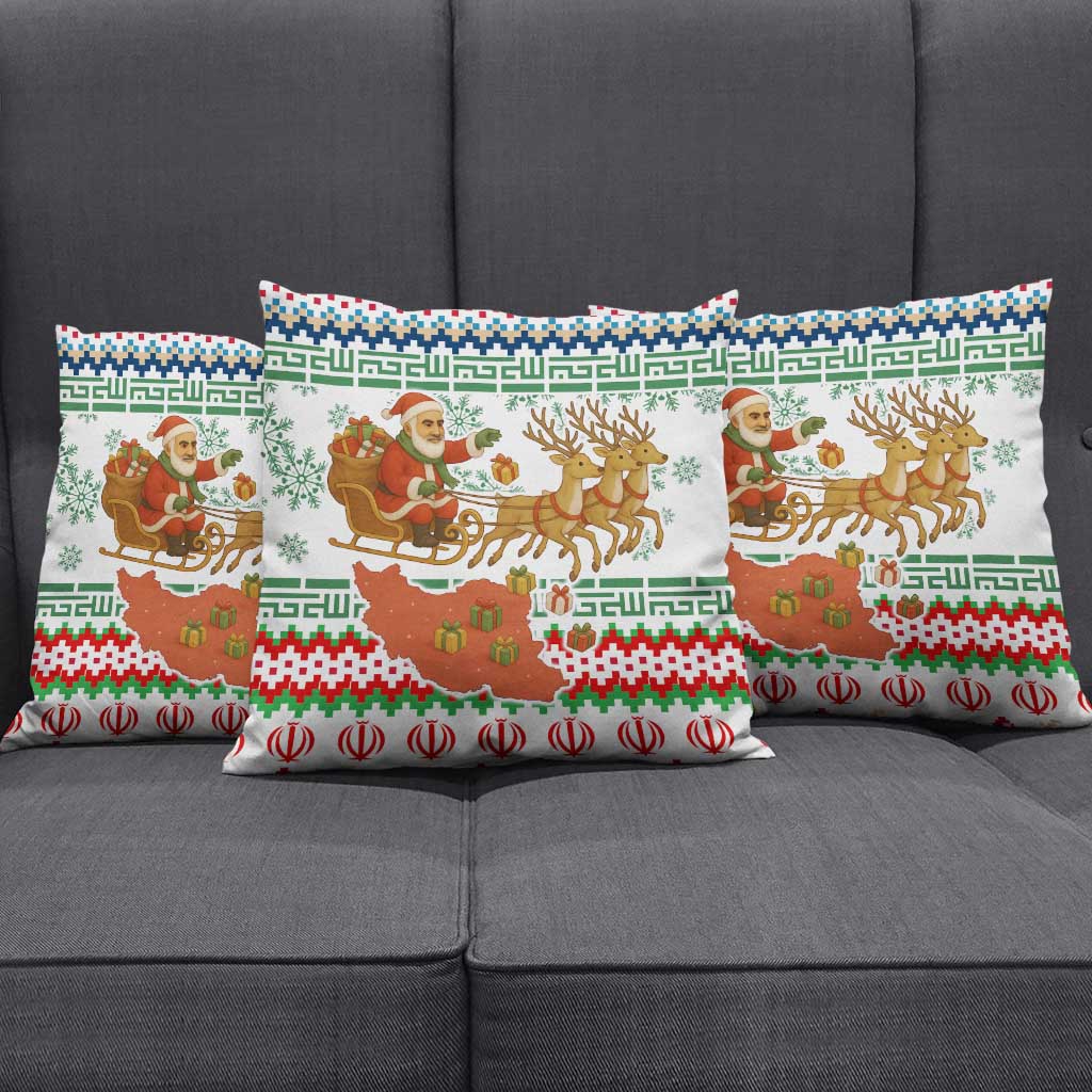 Iran Christmas Pillow Cover with Santa Sleigh Reindeer Map and Green Red Snowflake Pattern - Wonder Print Shop