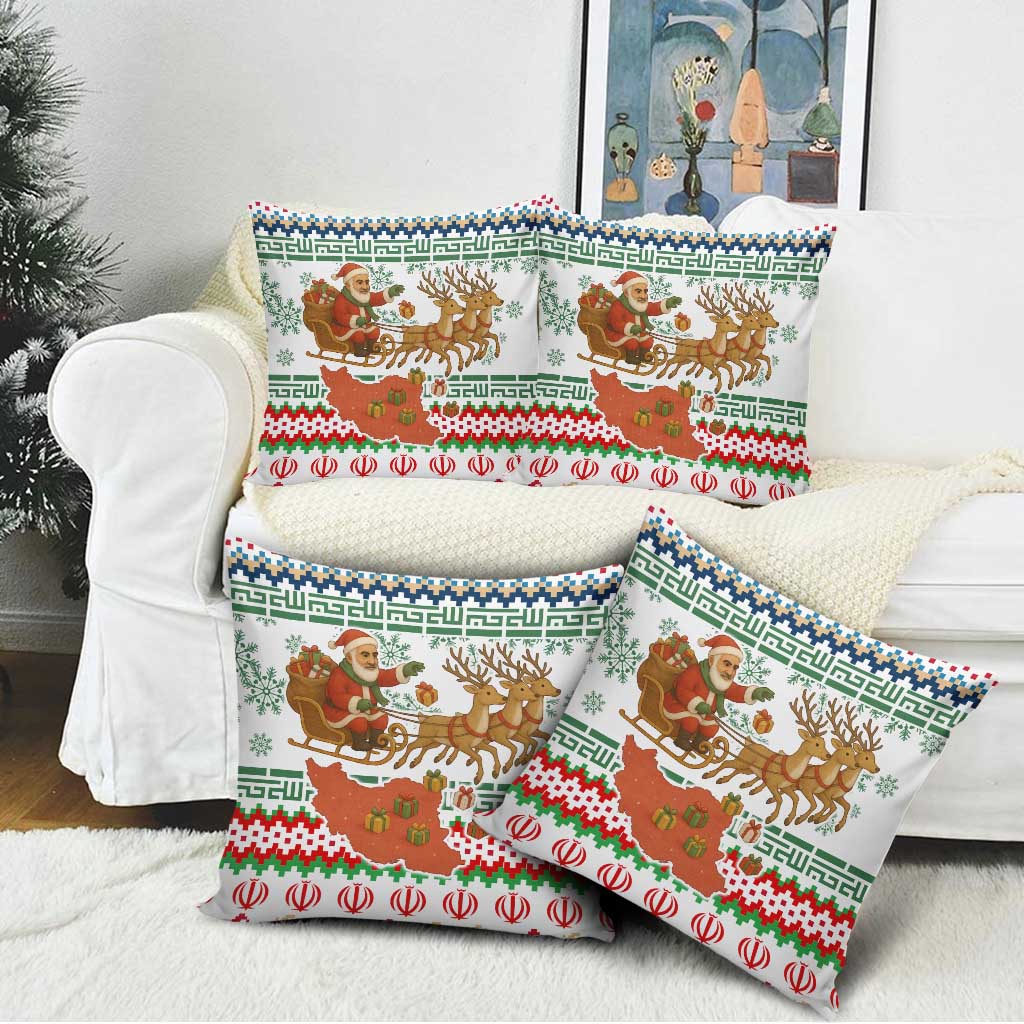 Iran Christmas Pillow Cover with Santa Sleigh Reindeer Map and Green Red Snowflake Pattern - Wonder Print Shop