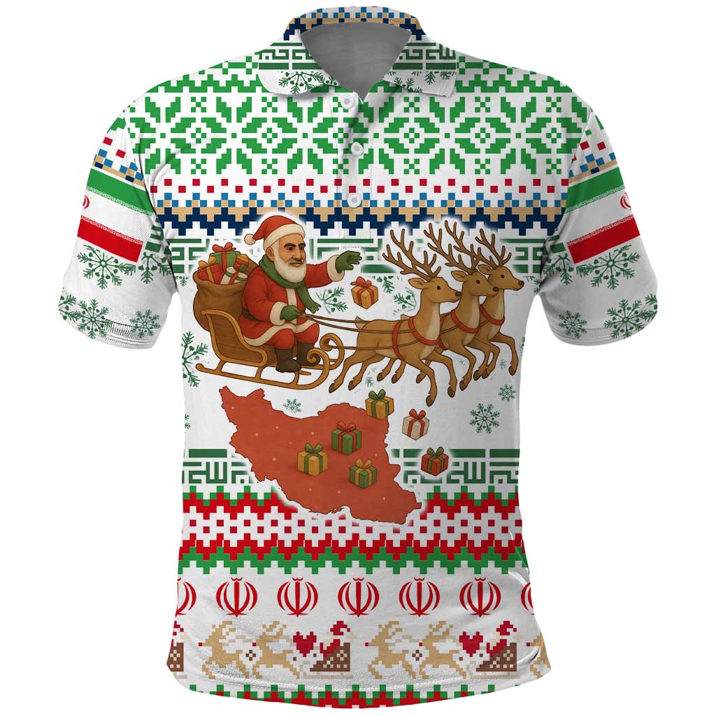 Iran Christmas Polo Shirt with Santa Sleigh Reindeer Map and Green Red Snowflake Pattern - Wonder Print Shop