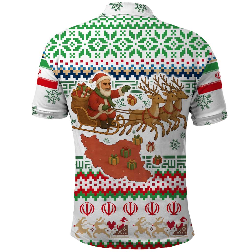 Iran Christmas Polo Shirt with Santa Sleigh Reindeer Map and Green Red Snowflake Pattern - Wonder Print Shop
