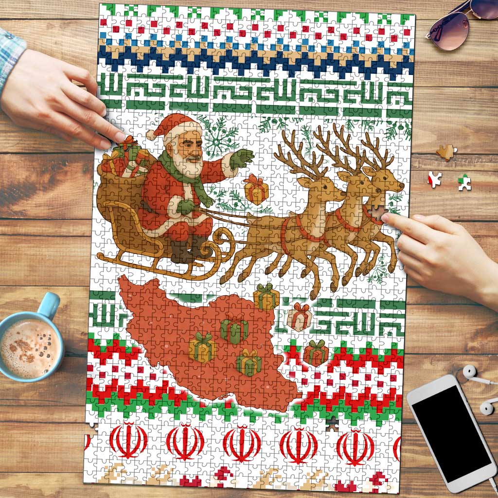 Iran Christmas Puzzle with Santa Sleigh Reindeer Map and Green Red Snowflake Pattern - Wonder Print Shop