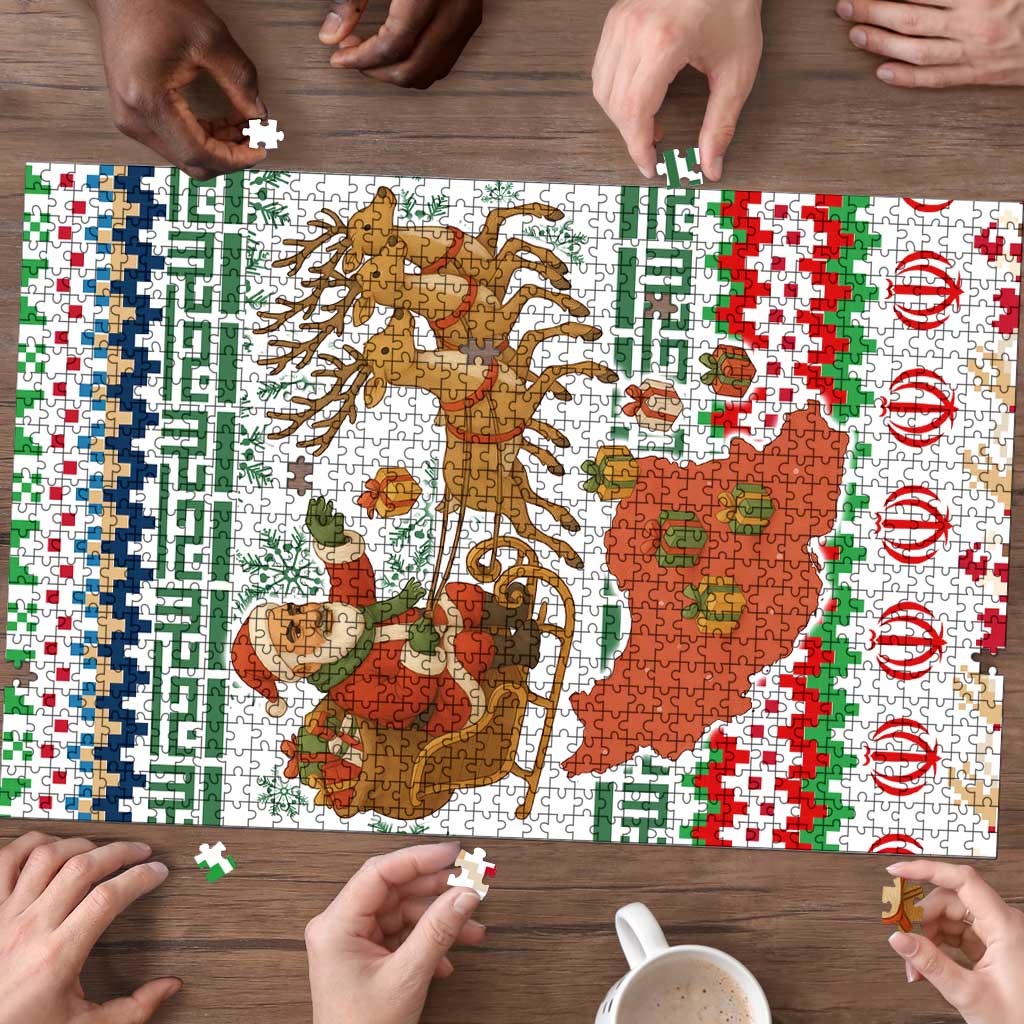 Iran Christmas Puzzle with Santa Sleigh Reindeer Map and Green Red Snowflake Pattern - Wonder Print Shop