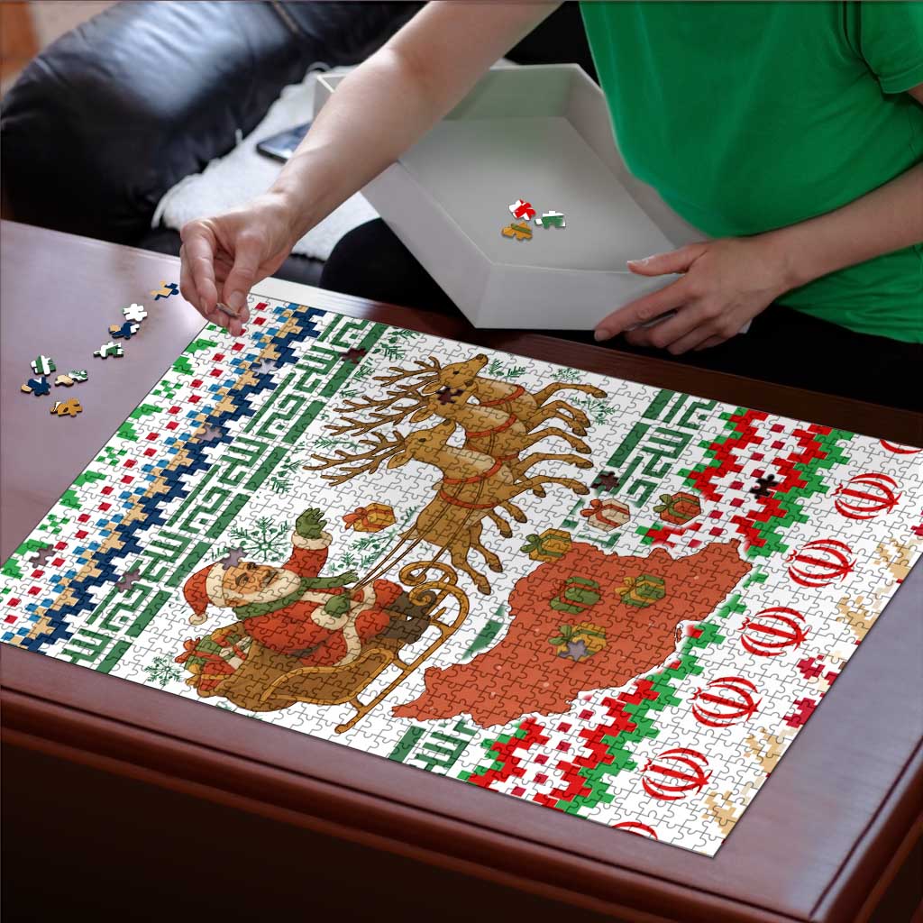 Iran Christmas Puzzle with Santa Sleigh Reindeer Map and Green Red Snowflake Pattern - Wonder Print Shop