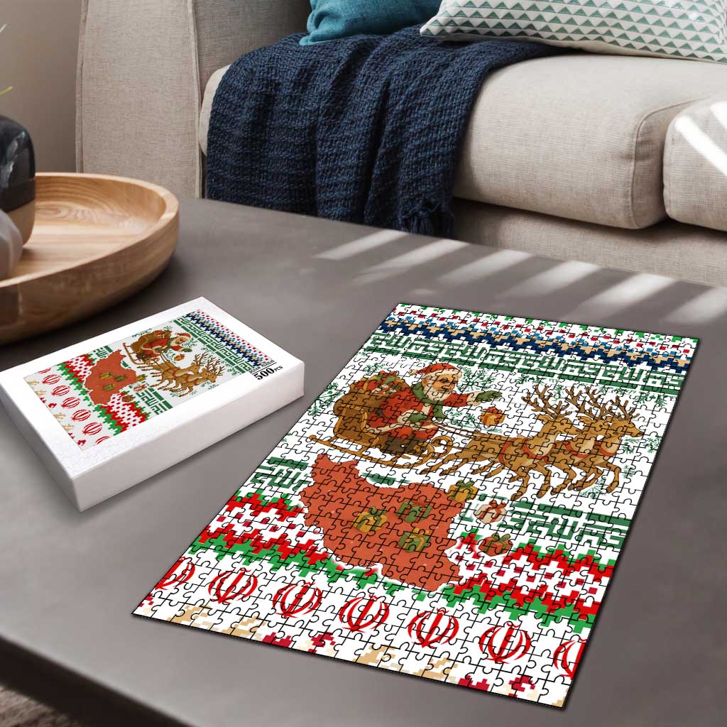 Iran Christmas Puzzle with Santa Sleigh Reindeer Map and Green Red Snowflake Pattern - Wonder Print Shop
