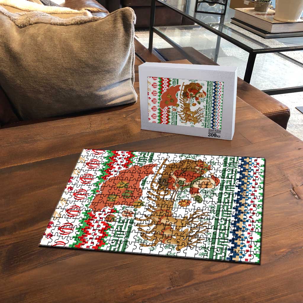 Iran Christmas Puzzle with Santa Sleigh Reindeer Map and Green Red Snowflake Pattern - Wonder Print Shop