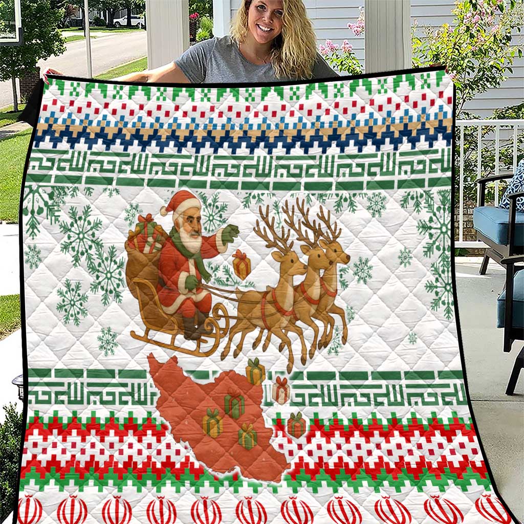 Iran Christmas Quilt with Santa Sleigh Reindeer Map and Green Red Snowflake Pattern - Wonder Print Shop