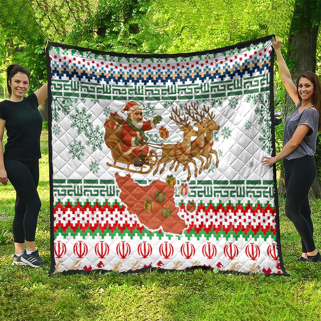 Iran Christmas Quilt with Santa Sleigh Reindeer Map and Green Red Snowflake Pattern - Wonder Print Shop